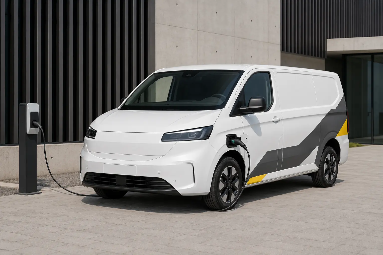 Neutral electric company van at a charging point with the charging port and sensor areas left unobstructed
