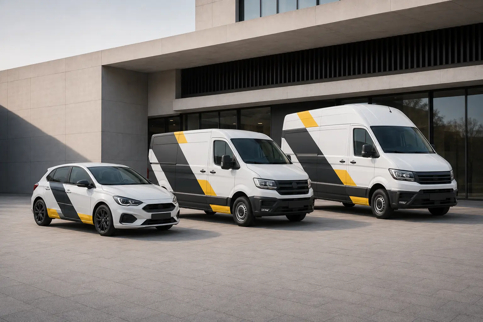 Compact car, medium van and large panel van with a consistently adapted graphite-and-yellow fleet design