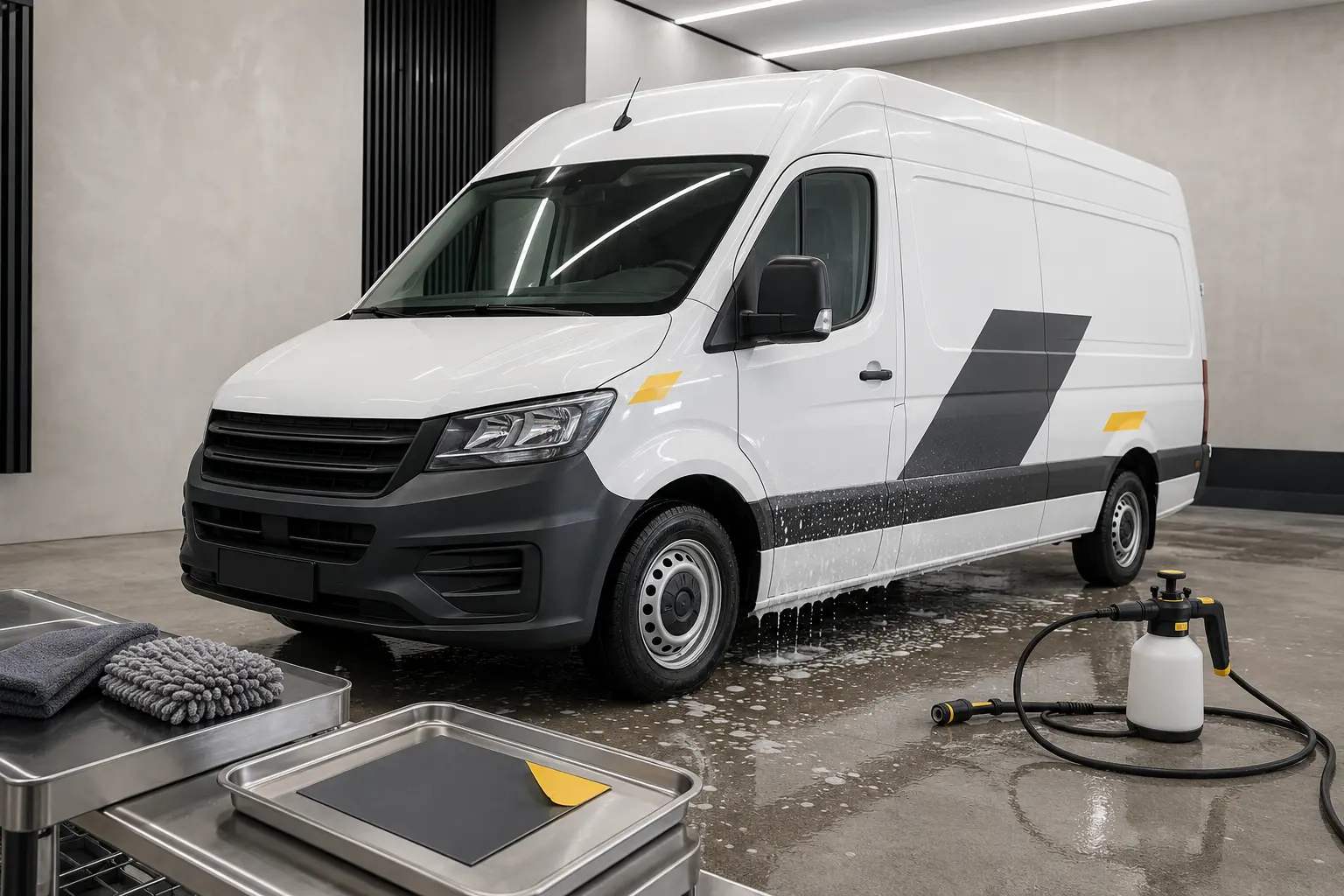 Wrapped white company van in a clean wash bay with microfibre tools, gentle cleaning equipment and a film sample
