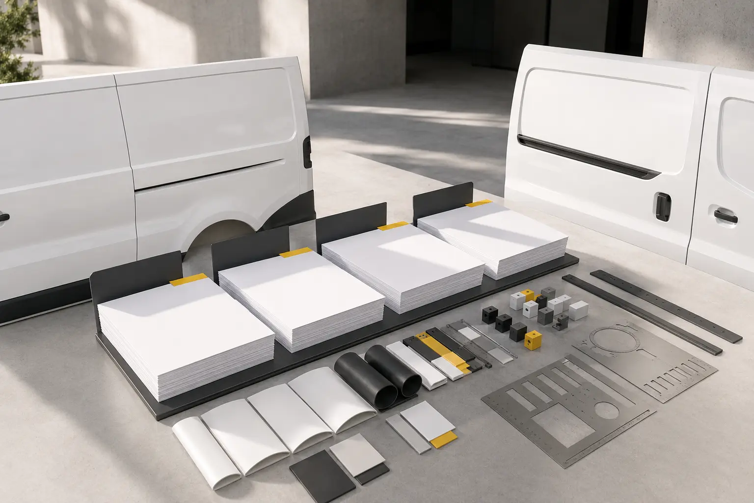 Orderly comparison system made from neutral vehicle panels, blank quotation sheets, material samples and graphite-and-yellow measuring modules