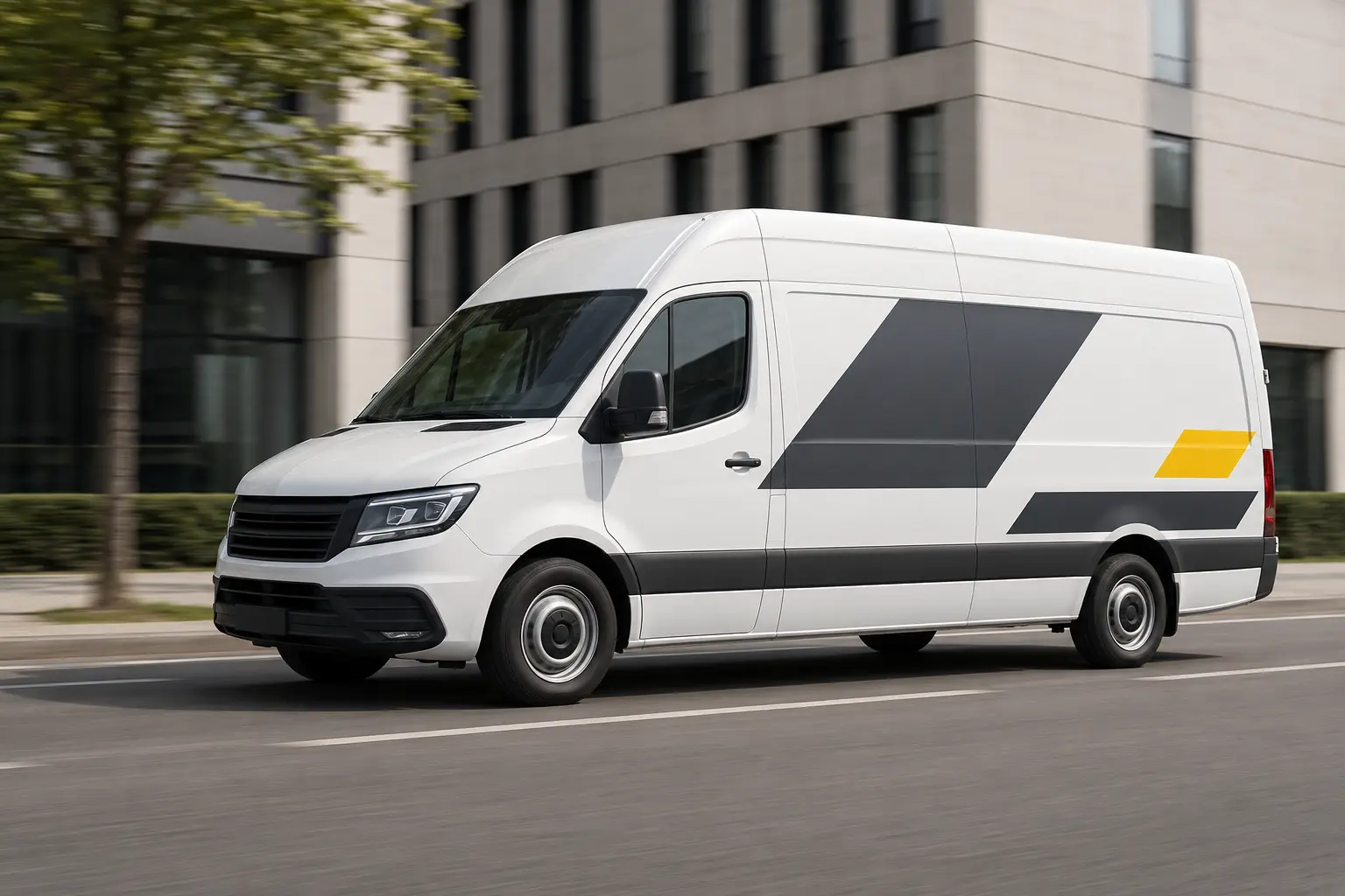 Sharp white van in motion with clearly structured graphite-and-yellow design zones