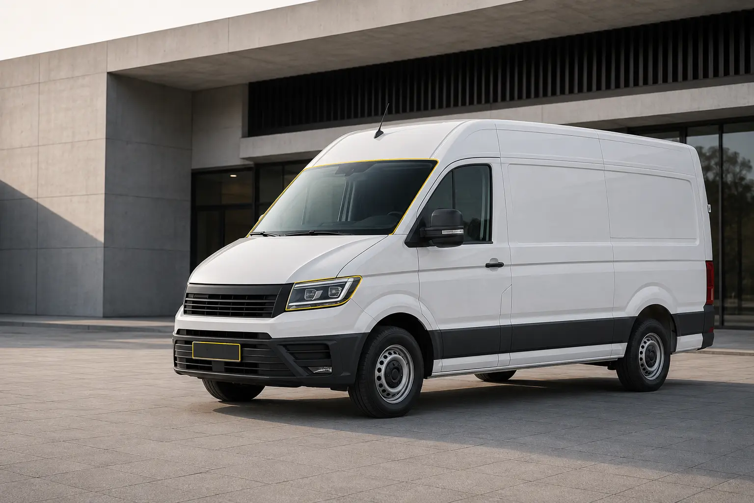 Neutral white van with unobstructed sight, light and number-plate areas highlighted by restrained yellow boundary accents
